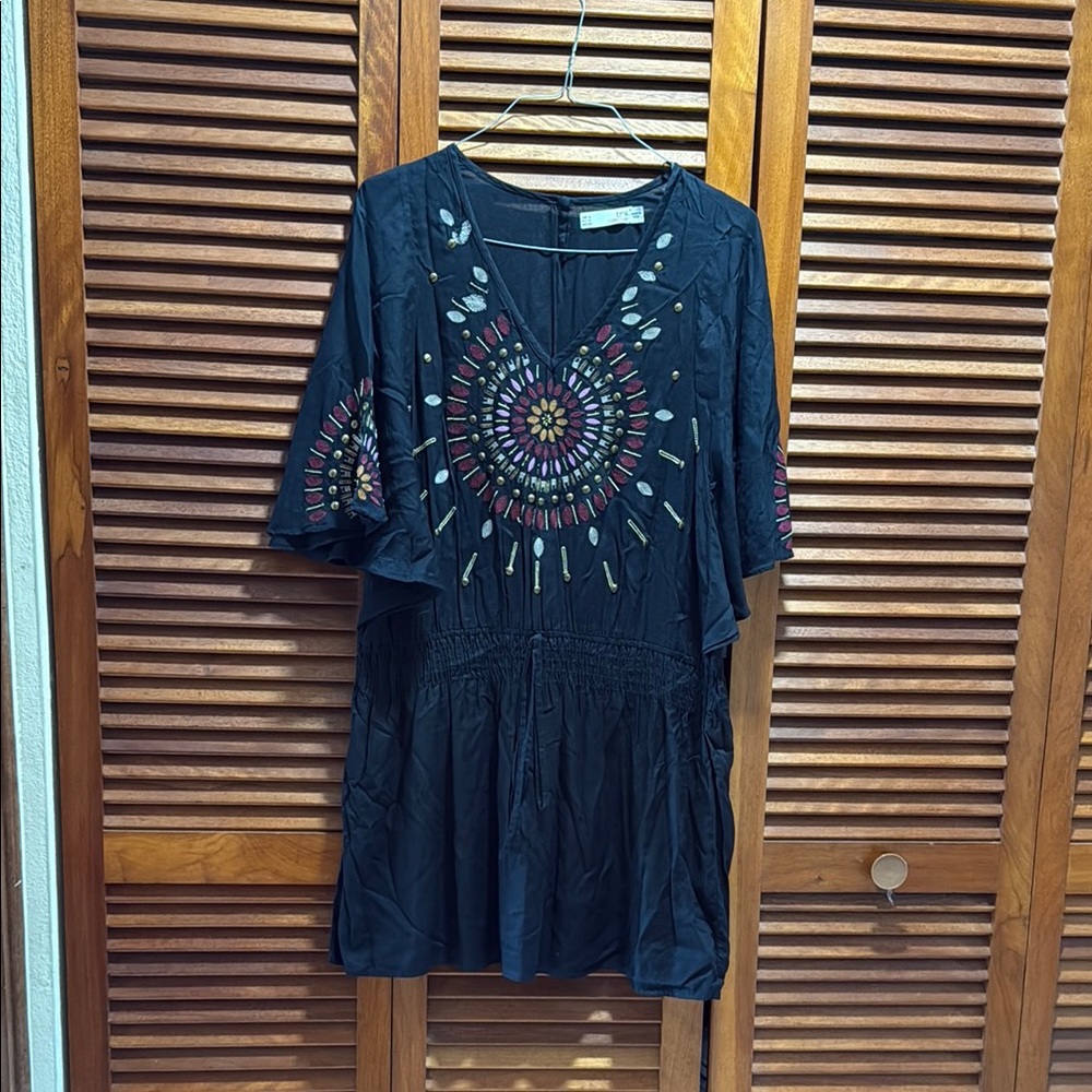 ZARA Bohemian Black Tunic Dress with Embroidered Design
